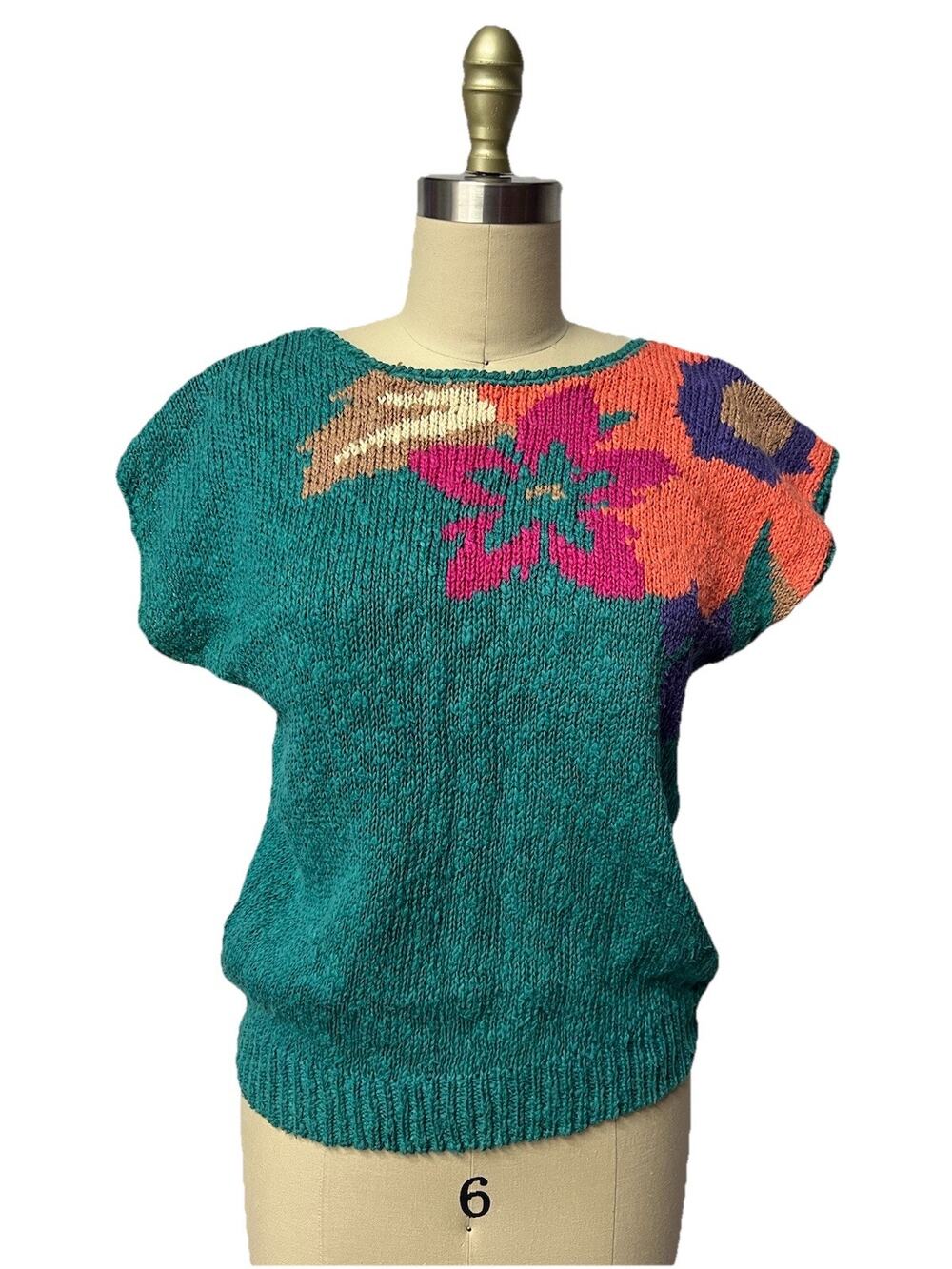 Vintage Teal Floral Women’s Medium Pullover Knit Blouse Sweater Cap Sleeve 80s